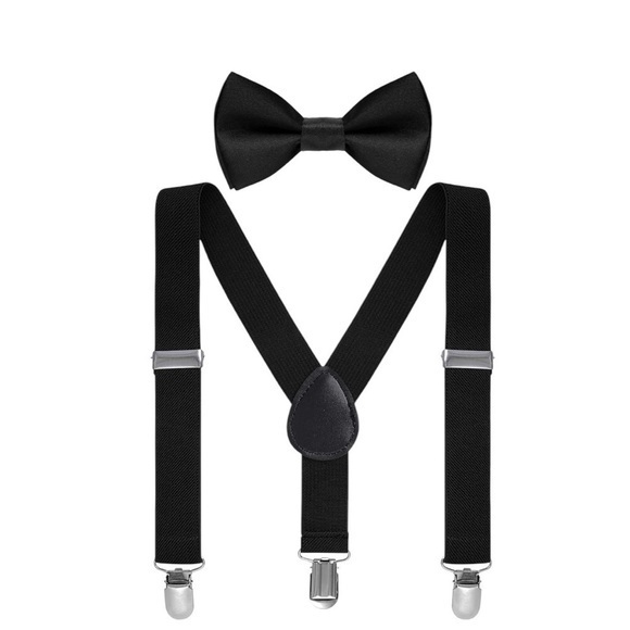 Other - NWT Mens Classic Black Y Back Clip Adjustable Elastic Suspenders Bow Tie Set